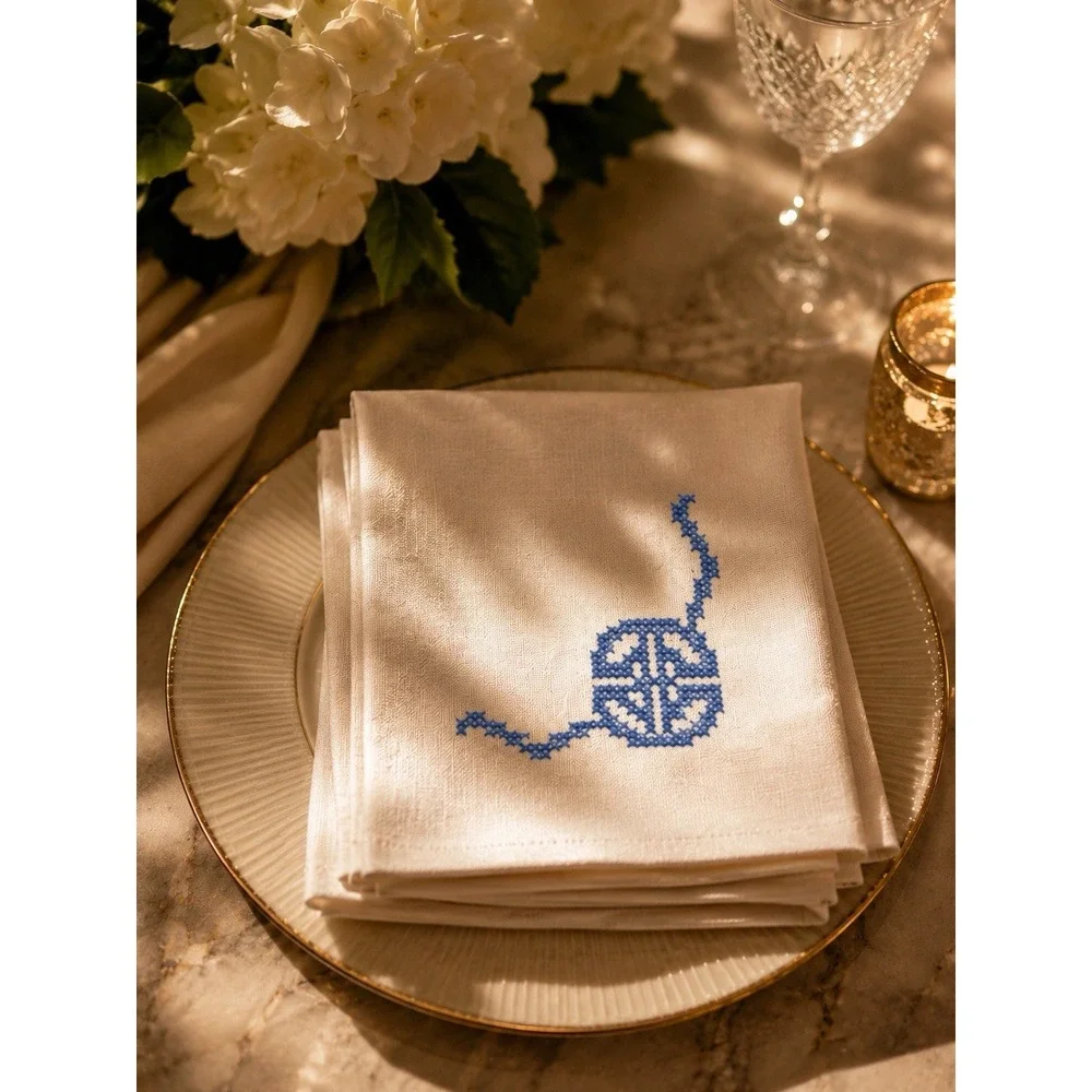 Vintage Hand Embroidered Linen Napkins Set 8 Blue Monogram Cross Stitch USA